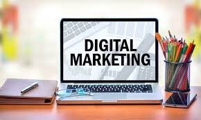 Computer screen displaying words "Digital Marketing"