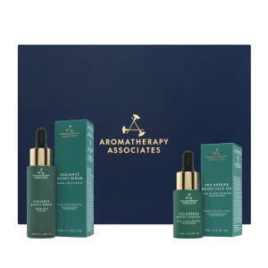 A dark blue gift box containing two aromatherapy products