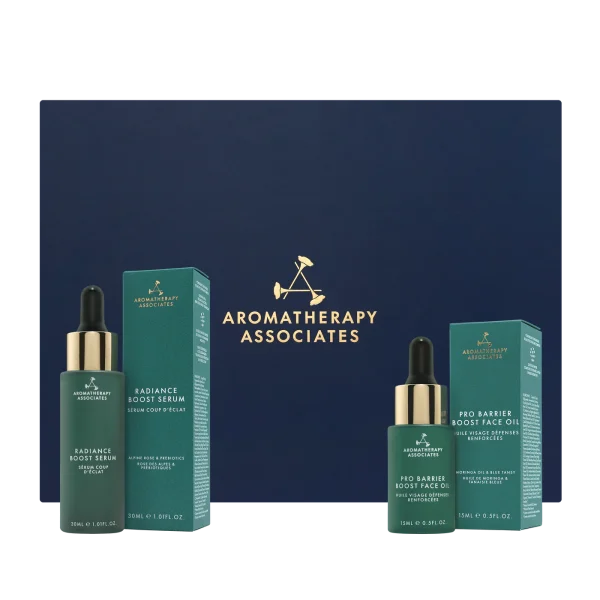 A dark blue gift box containing two aromatherapy products