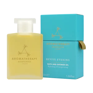 a turquoise carton and bottle of Revive evening bath oil