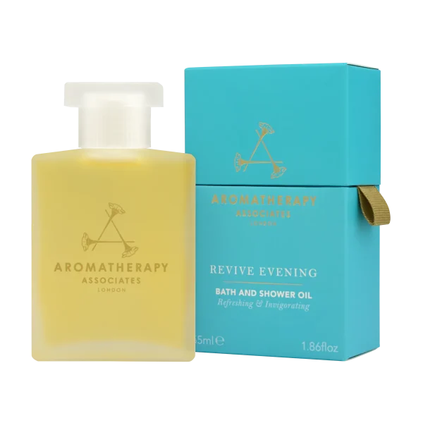 a turquoise carton and bottle of Revive evening bath oil