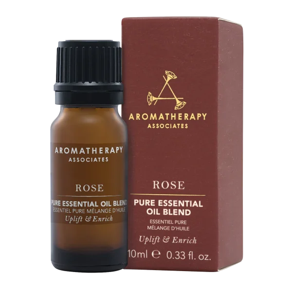 A dark brown bottle of Aromatherapy Associates Pure Essential Oil blend