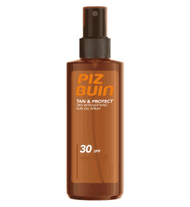 Brown spray bottle of Piz Buin sun oil spray