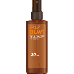 Brown spray bottle of Piz Buin sun oil spray